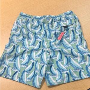 Vineyard Vines Sailboat Print Swim Trunks - Aqua and Navy